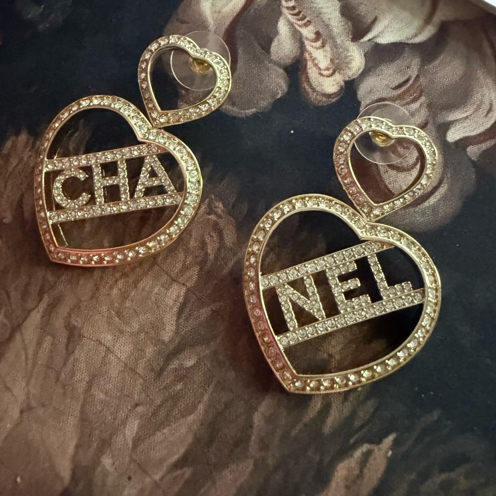 CHANEL Gold Heart Earrings logo EUC - Picture 3 of 5